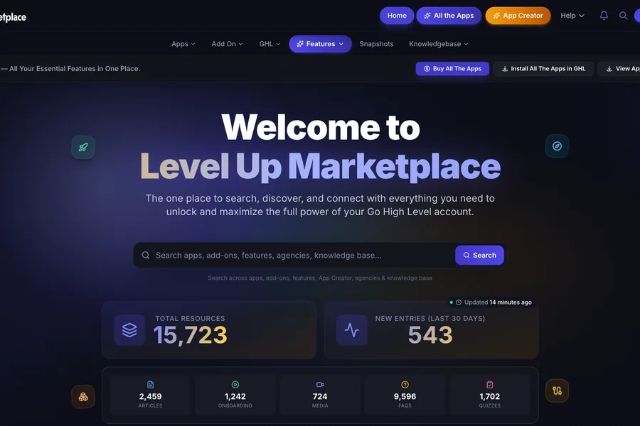 Level Up Marketplace — Directory and marketplace for the GoHighLevel community — search 15,000+ apps, add-ons, sn